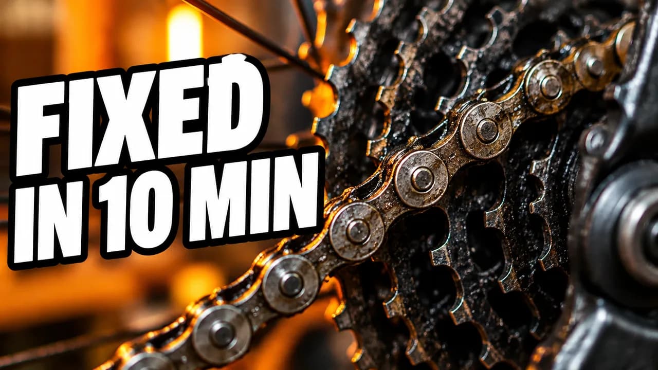 Concept thumbnail: bike chain close-up with the headline Fixed in 10 min