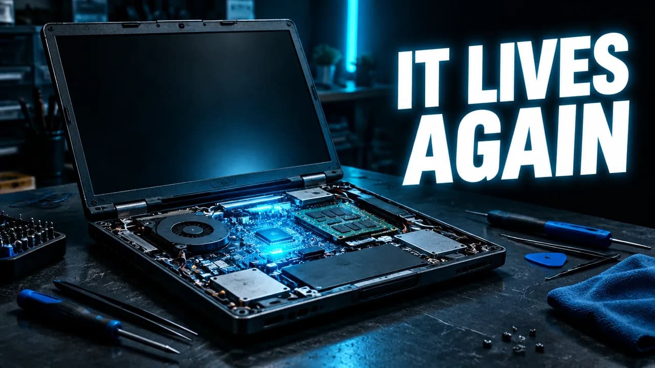 Concept thumbnail: an opened laptop on a repair bench, with the headline It lives again