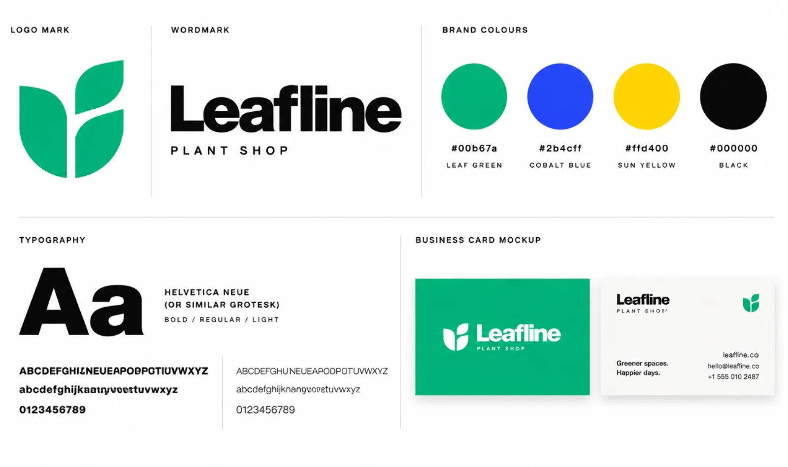Brand kit concept for Leafline, a fictional plant shop: a green leaf mark, the wordmark, four brand colours, a type specimen and business cards.