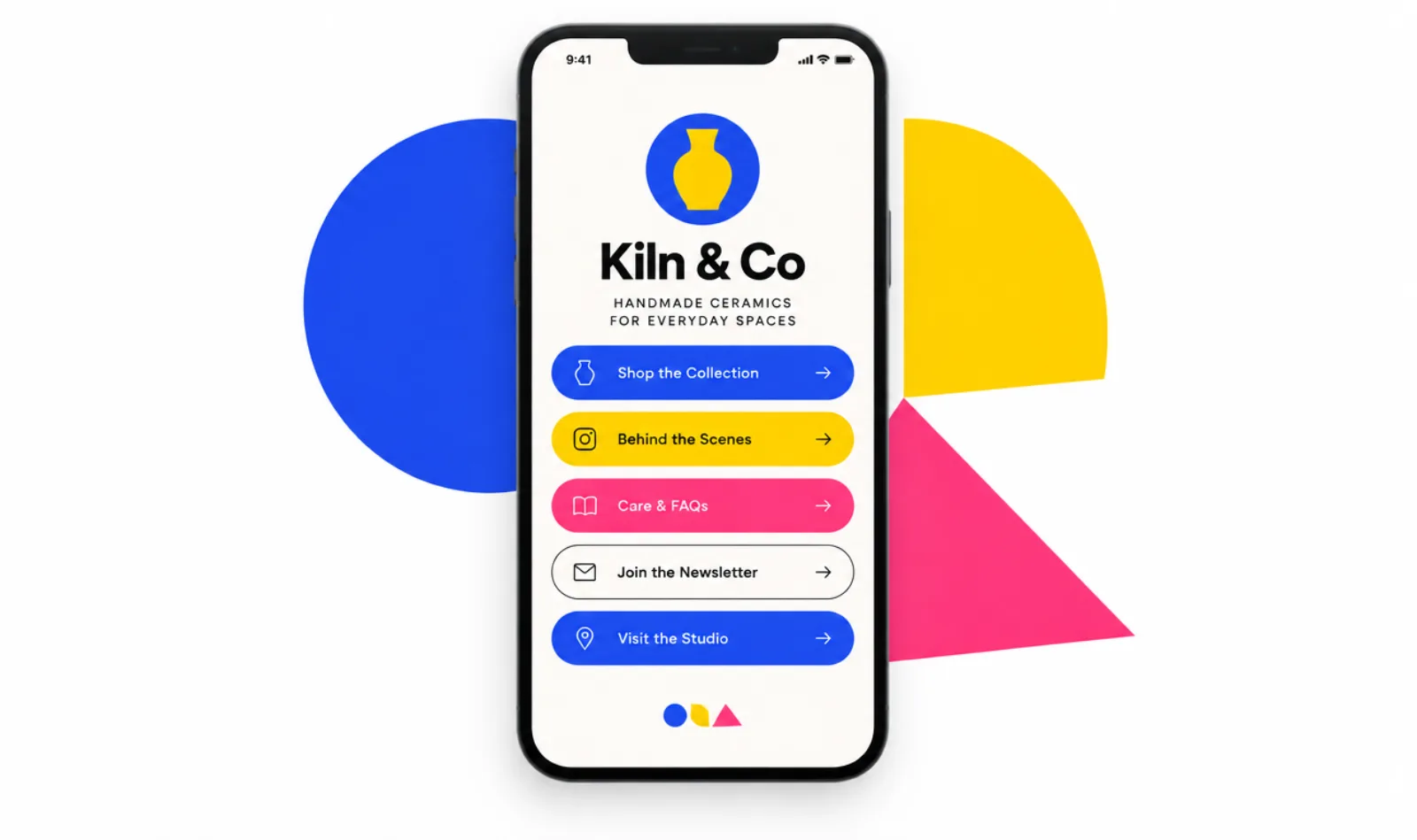 Link-in-bio page concept for Kiln & Co, a fictional ceramics shop: a phone showing a vase mark and five coloured link buttons, with bold blue, yellow and pink shapes behind it.