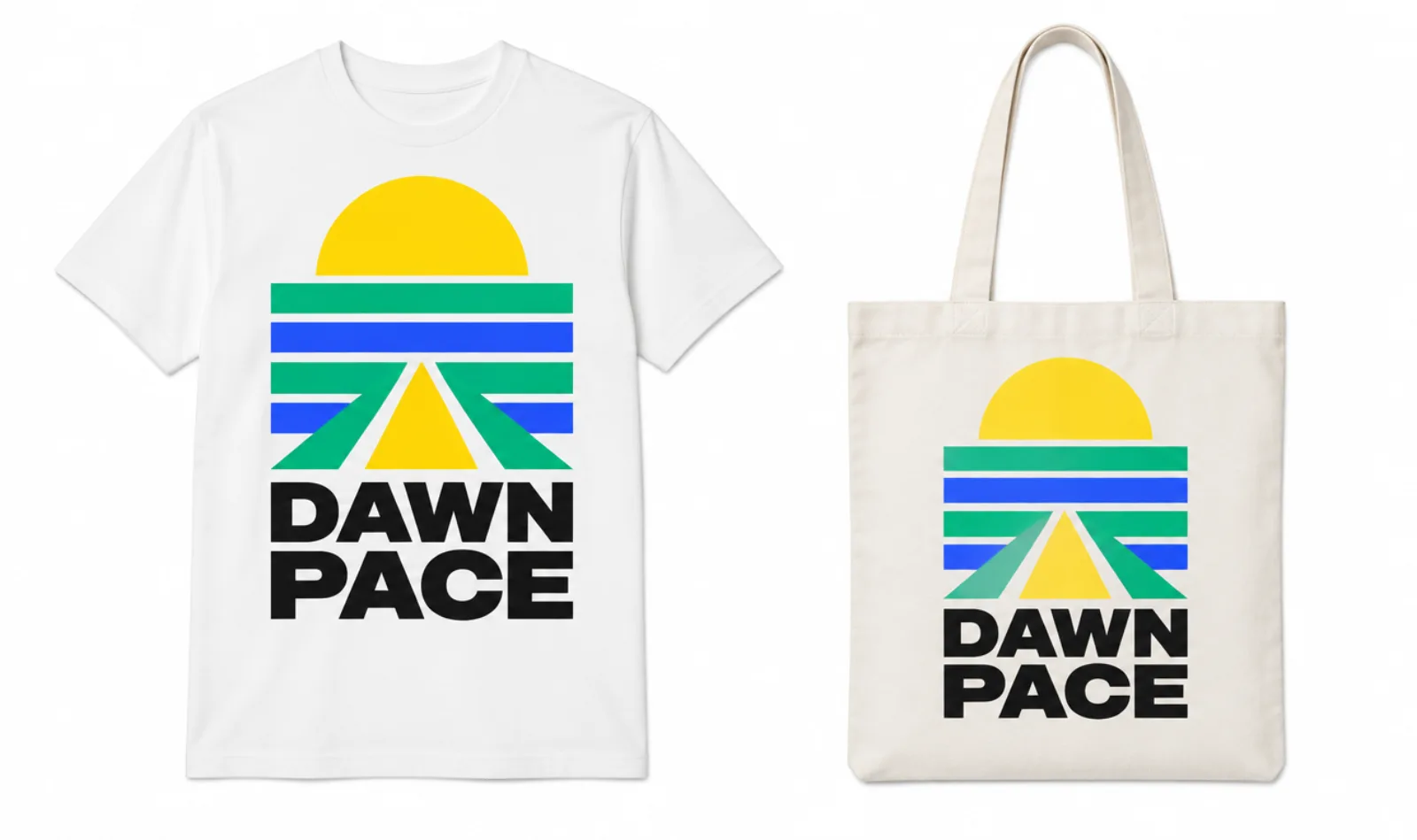 Merch concept for Dawn Pace, a fictional running club: a striped sunrise mark printed on a white T-shirt and a canvas tote bag.