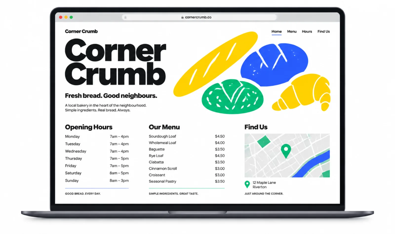 One-page website concept for Corner Crumb, a fictional bakery: a laptop showing the bakery's name, drawn loaves, opening hours, a short menu and a map.