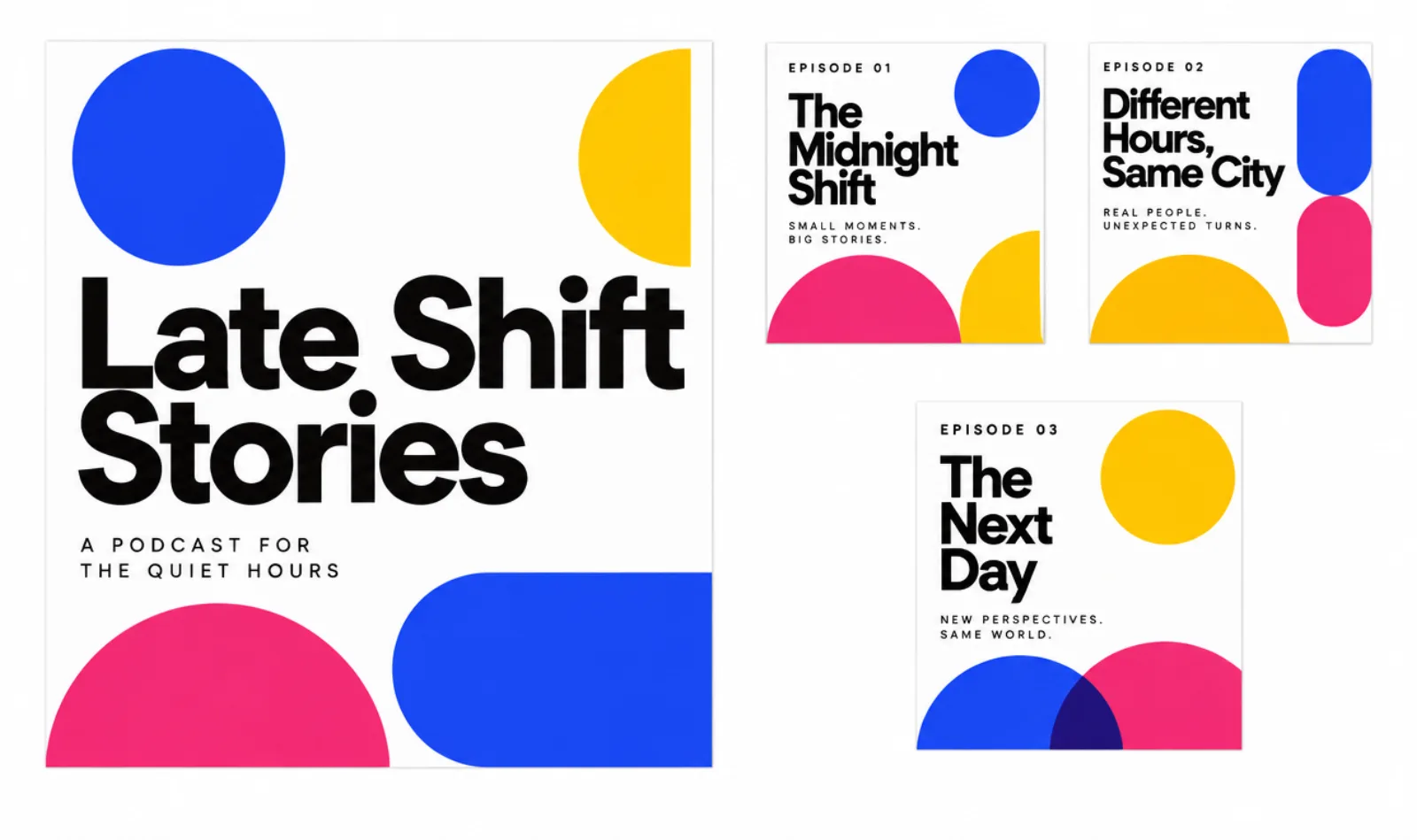 Podcast cover concept for Late Shift Stories, a fictional podcast: a square show cover and three episode tiles built from bold circles and type.