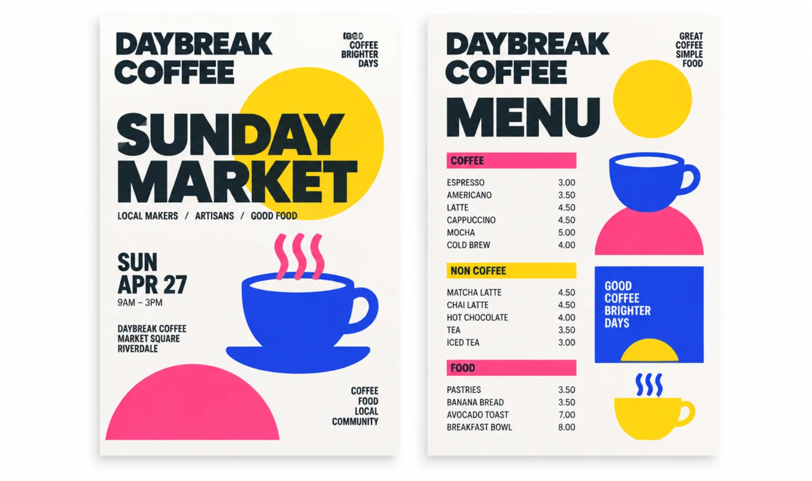Print concept for Daybreak Coffee, a fictional café: a Sunday market poster and a menu with a blue cup, a yellow sun and pink shapes.