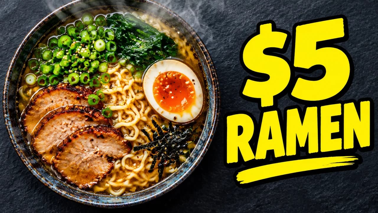 Concept thumbnail: a bowl of ramen with egg and pork, with the headline $5 ramen