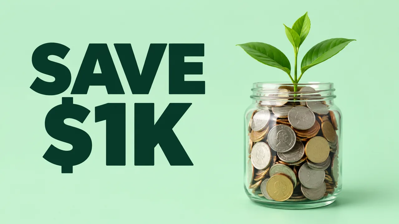 Concept thumbnail: a jar of coins with a sprout, with the headline Save $1K