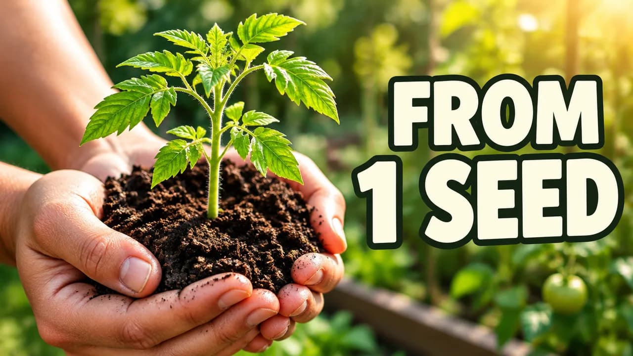 Concept thumbnail: hands holding soil with a tomato seedling, with the headline From 1 seed