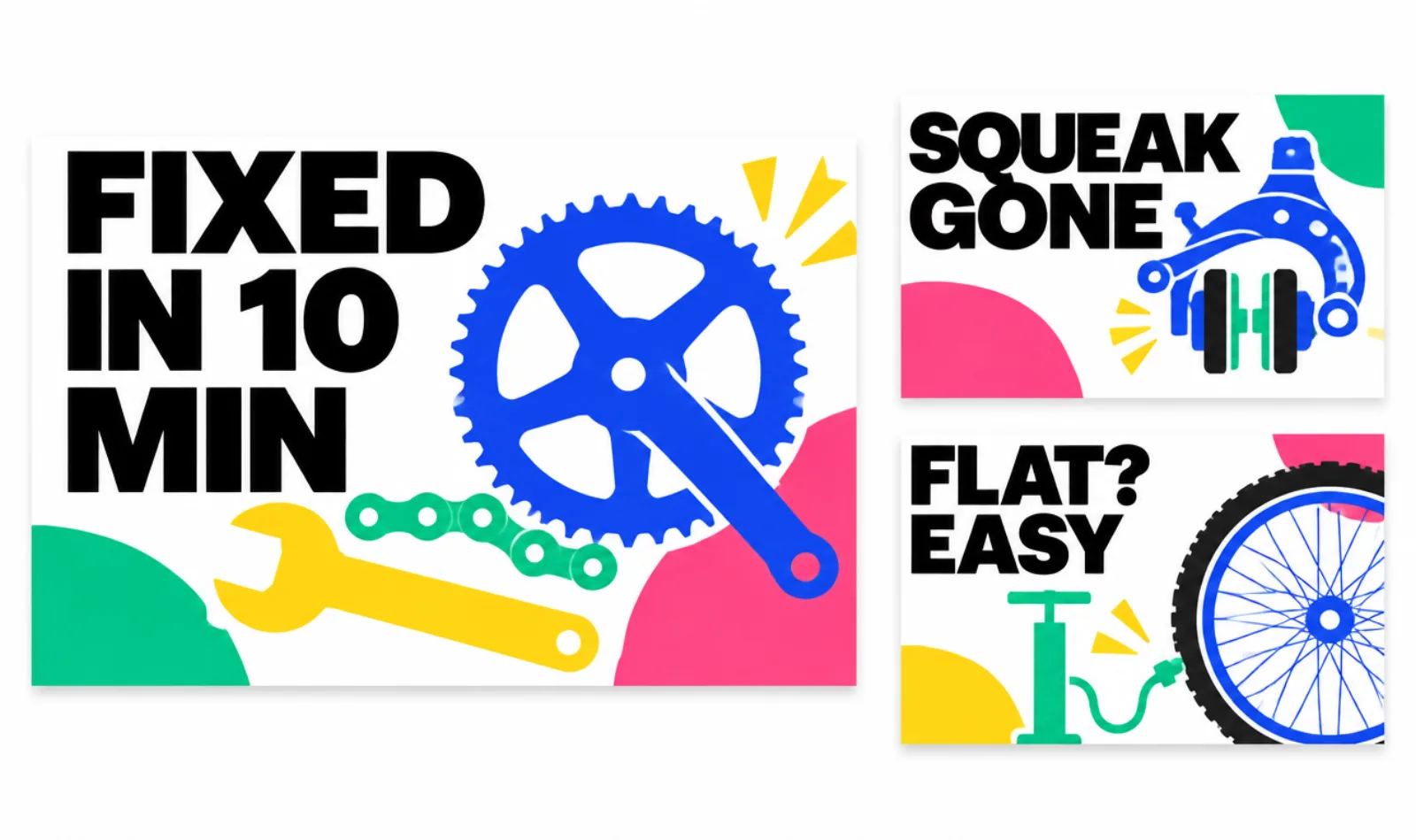 YouTube thumbnail concept for Spoke & Fix, a fictional bike-repair channel: one large thumbnail reading FIXED IN 10 MIN and two smaller ones, with a blue chainring, a yellow wrench and bold flat shapes.